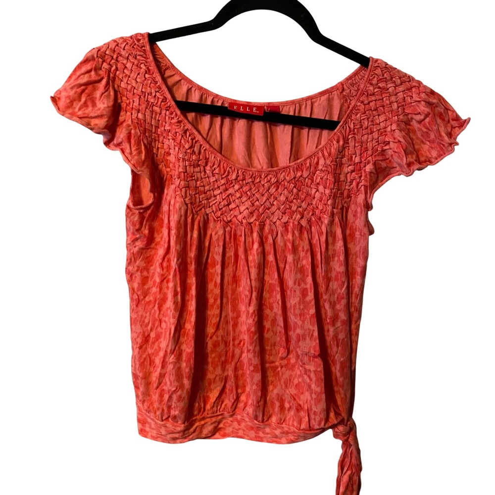 ELLE Coral Pink Smocked Tie Waist Short Sleeve Top Women Size S‎